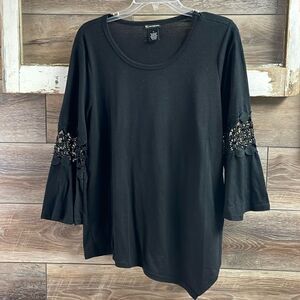 New Directions Long Bell Sleeve Top, Size Large, Black with Lace